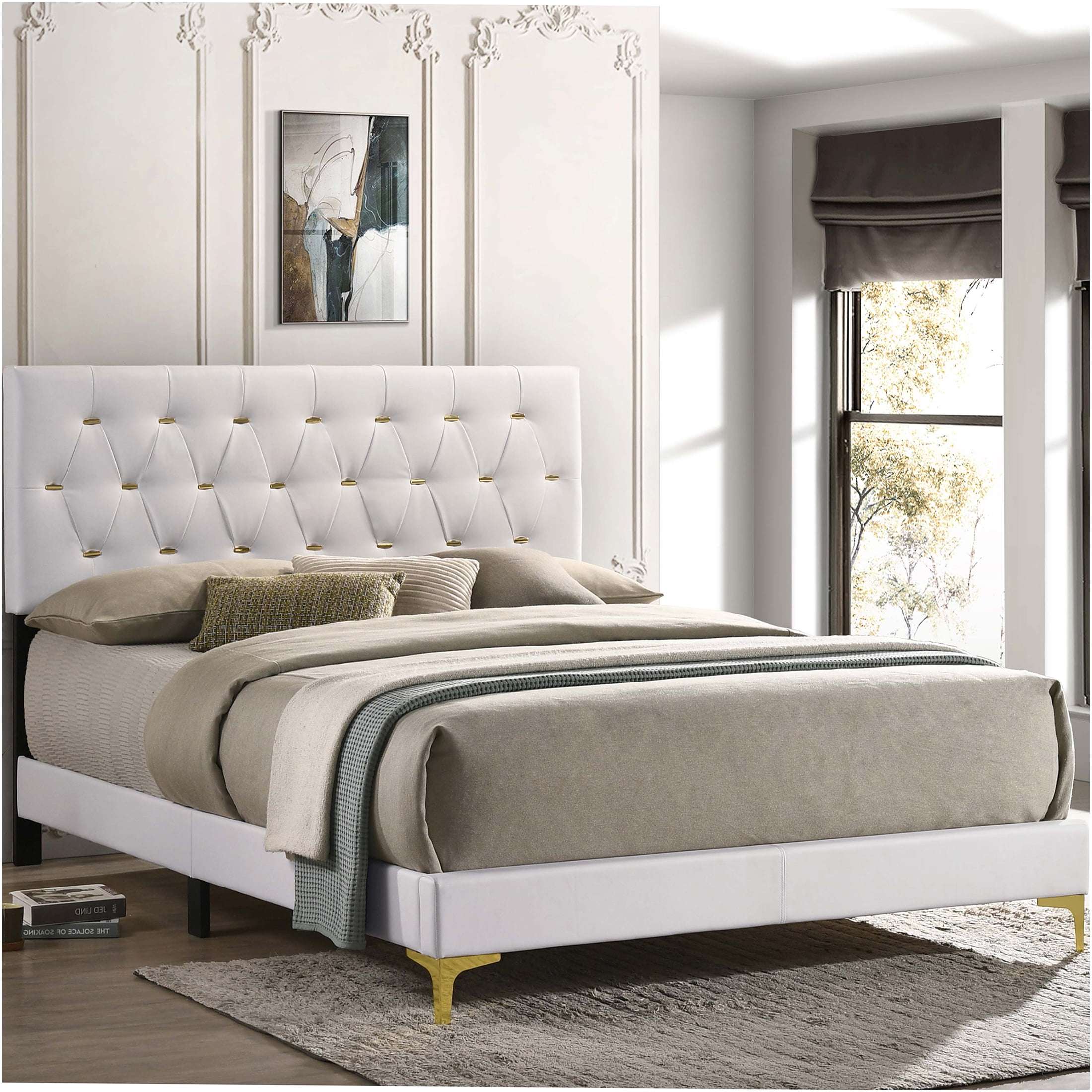 JERFIT Queen Upholstered Bed Frame, Modern White Leatherette Platform Bed with Diamond Tufted Headboard and Gold Metal Legs, No Box Spring Needed