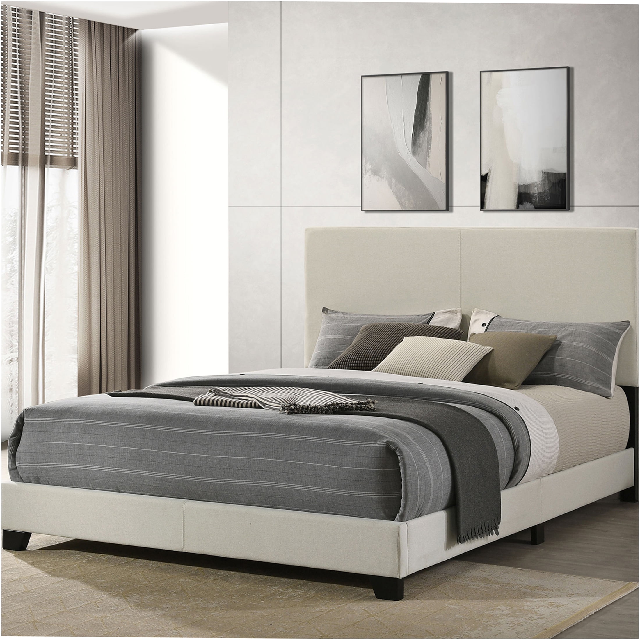 JERFIT Queen Upholstered Bed Frame with Padded Headboard, Cream Fabric Platform Bed with Wood Slat Support, No Box Spring Needed, Modern Bedroom Furniture