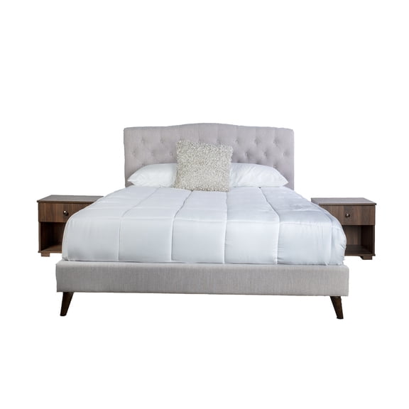 JERFIT Queen Upholstered Bed Frame Set with 2 Nightstands, Light Gray Fabric Platform Bed with Wooden Storage Side Tables