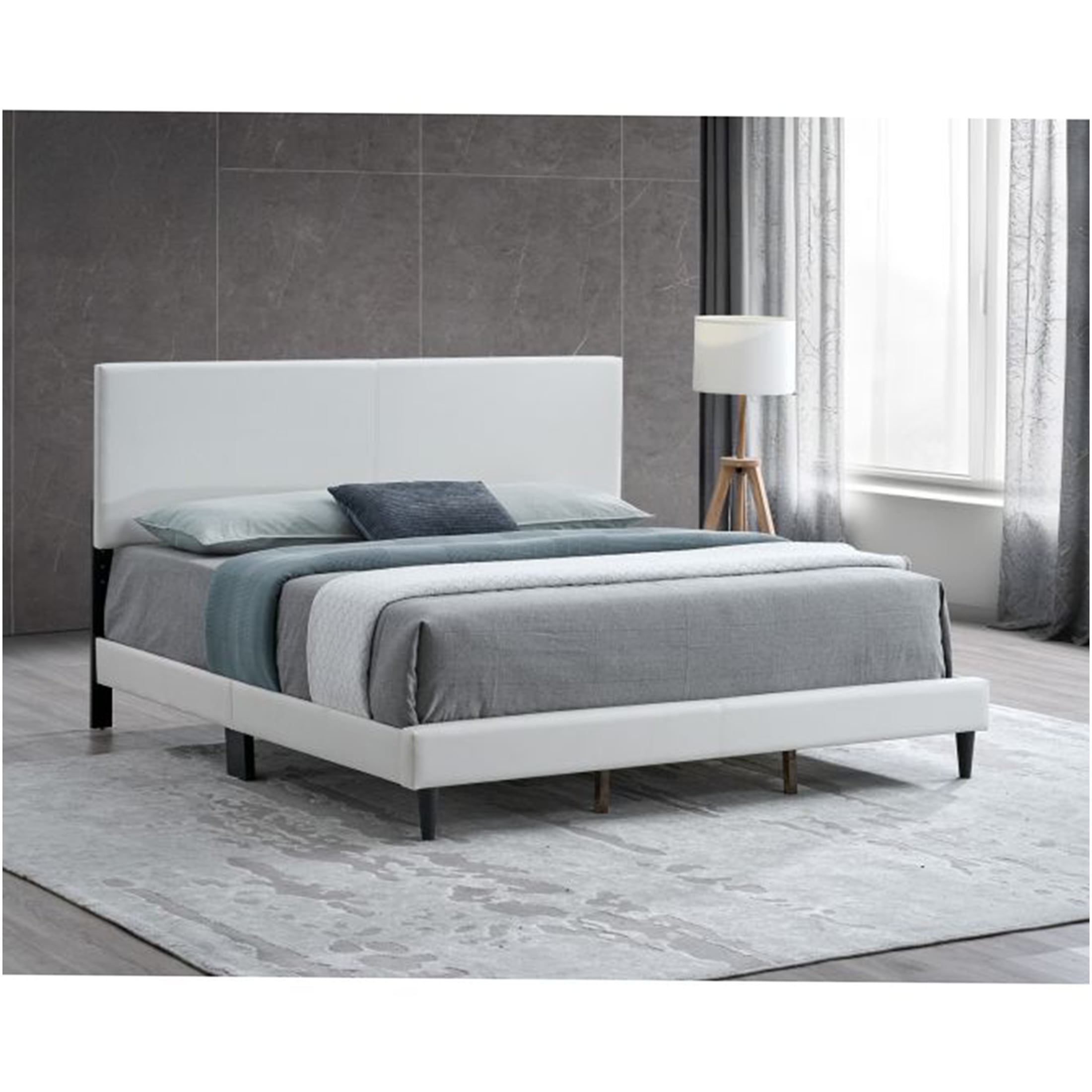 JERFIT Queen Upholstered Bed Frame with Adjustable Headboard, White Modern Platform Bed, No Box Spring Needed