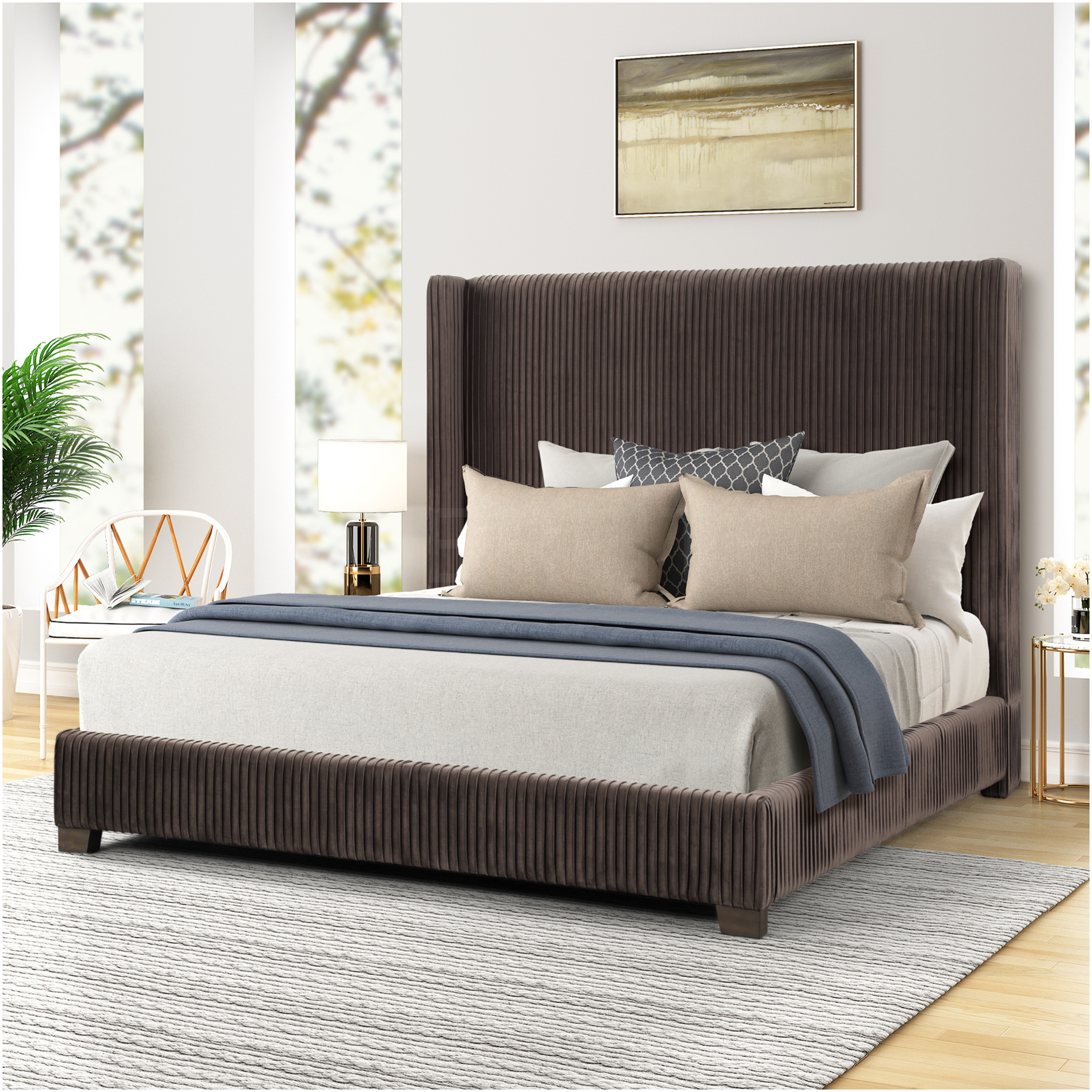 JERFIT Queen Upholstered Bed Frame with Headboard, Dark Brown Fabric Platform Bed, No Box Spring Needed