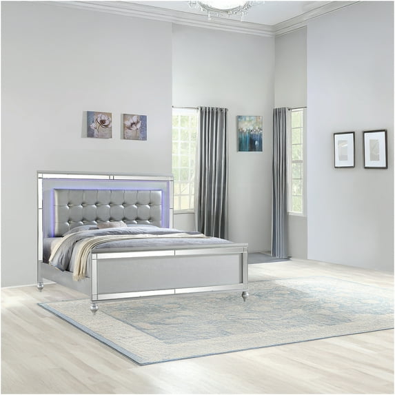JERFIT Queen Upholstered Bed Frame with LED Headboard, Silver Modern Platform Bed with Storage, Wood Slat Support, No Box Spring Needed
