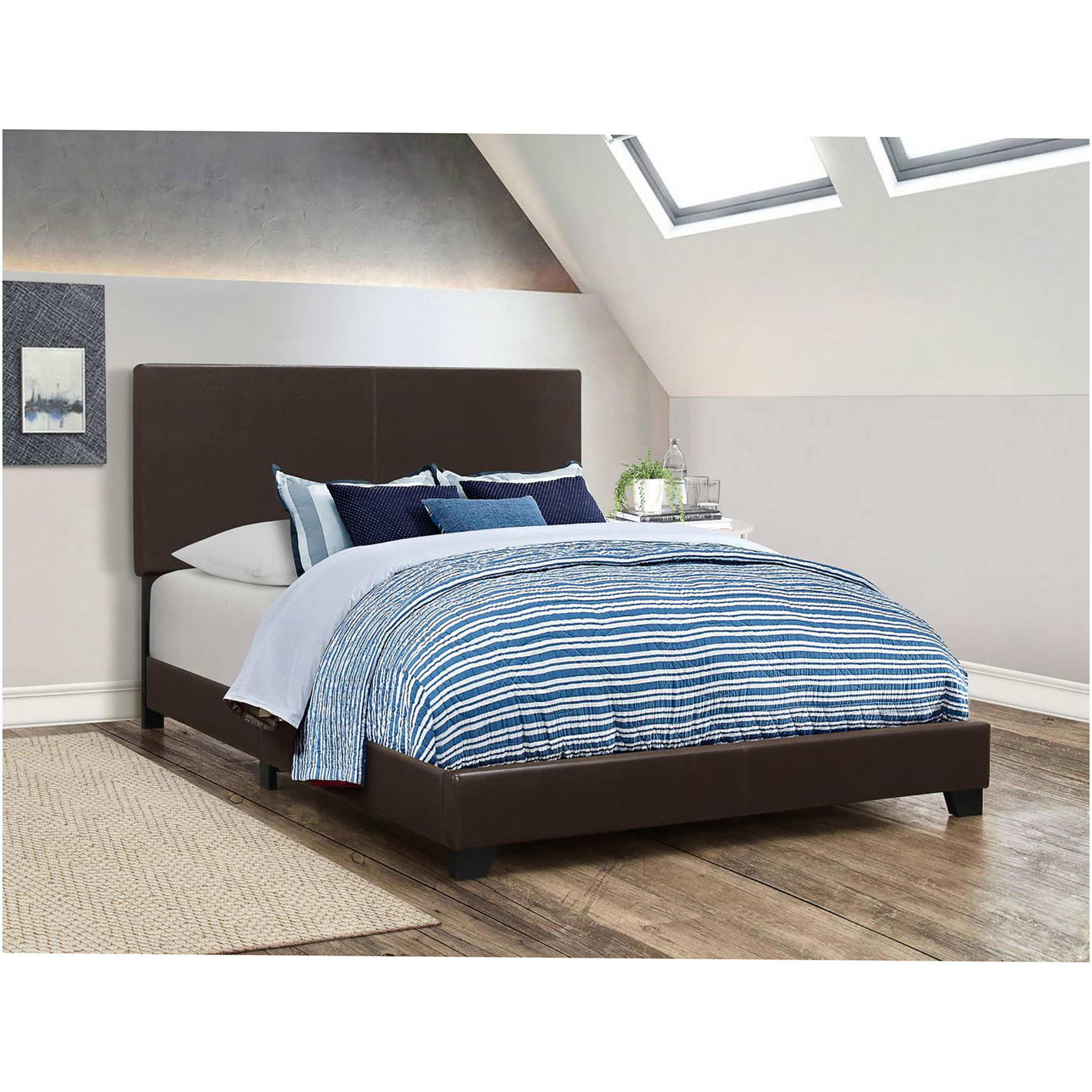 JERFIT Queen Upholstered Bed Frame with Panel Headboard, Modern Faux Leather Platform Bed, Brown