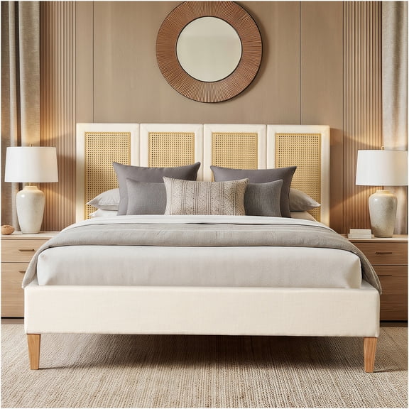 JERFIT Queen Upholstered Bed Frame with Rattan Headboard, Boho Cane Platform Bed, Antique White
