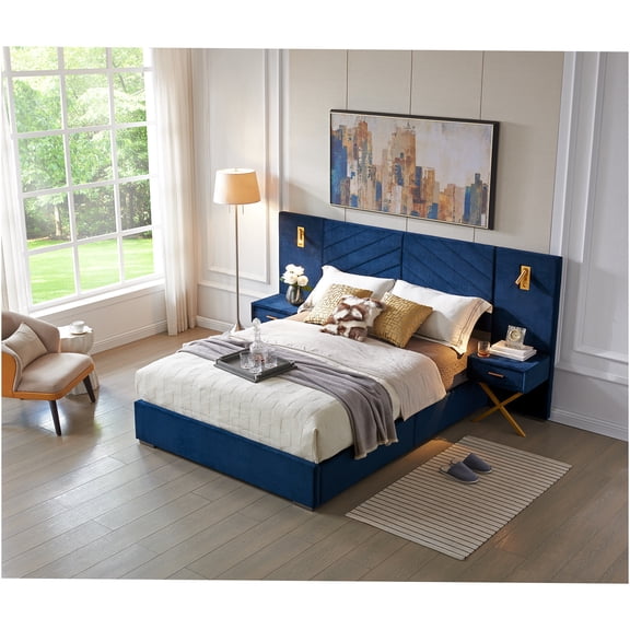 JERFIT Queen Upholstered Bed Frame with Wingback Headboard, Blue Velvet Platform Bed, No Box Spring Needed