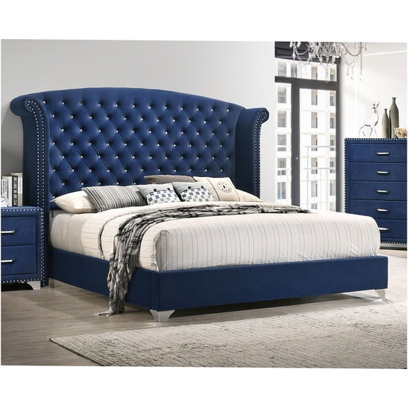 JERFIT Queen Upholstered Bed Frame with Wingback Headboard, Velvet Fabric, Blue, Modern Platform Bed with Chrome Legs, No Box Spring Needed