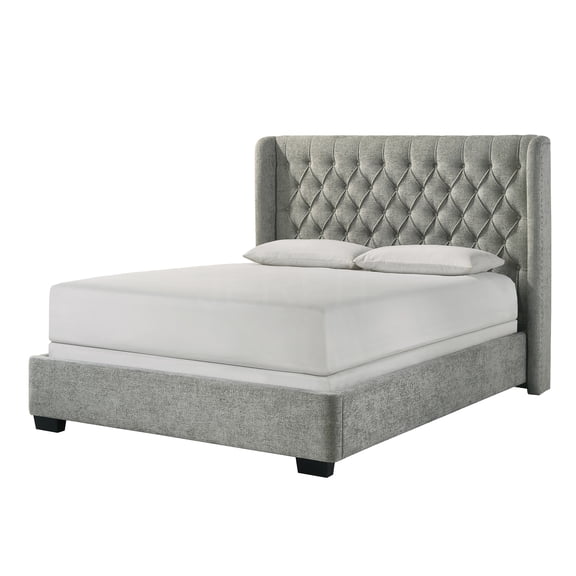 JERFIT Queen Upholstered Bed Frame with Winged Tufted Headboard, Modern Panel Bed, Soft Tweed Fabric, Gray