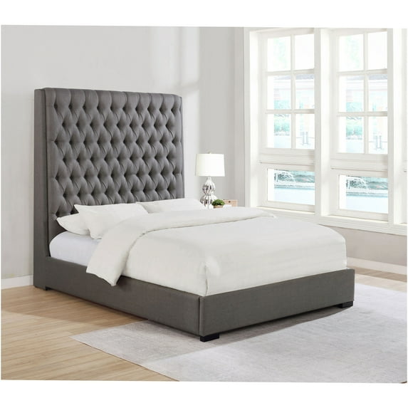 JERFIT Queen Upholstered Bed with Tall Button Tufted Headboard, Grey Fabric Platform Bed Frame, Solid Wood Structure for Bedroom