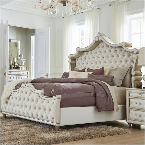 JERFIT Queen Upholstered Bed with Wingback Headboard, Velvet Fabric, Diamond Tufting, Nailhead Trim for Elegant Bedroom, Ivory and Camel