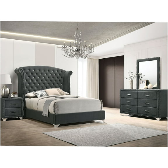 JERFIT Queen Upholstered Bedroom Set with Wingback Headboard, Dresser, Mirror & Nightstand in Velvet Grey Finish