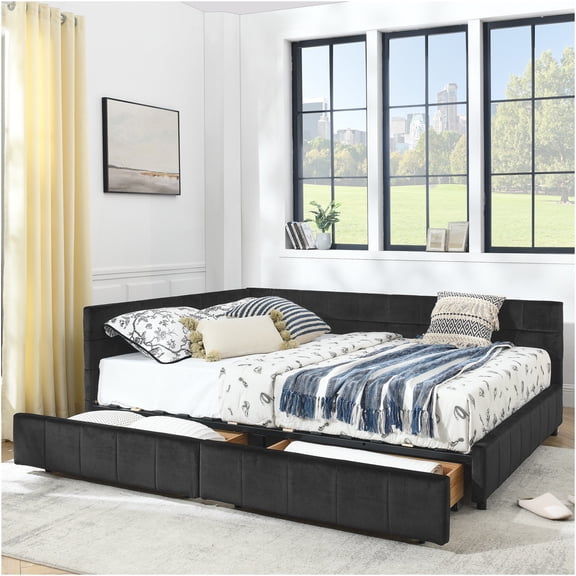 JERFIT Queen Upholstered Daybed with Storage Drawers, Mid-Century Velvet Sofa Bed for Bedroom or Living Room, Black