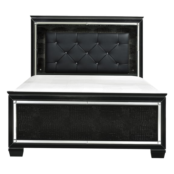 JERFIT Queen Upholstered LED Bed Frame with Faux Alligator Headboard, Modern Tufted Platform Bed with Mirror Accent Storage, Black