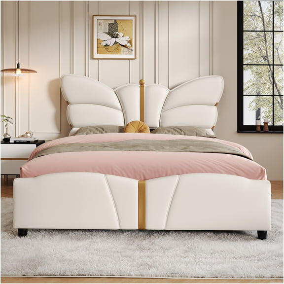 JERFIT Queen Upholstered Platform Bed Frame with Gold Accents, Butterfly Wing Headboard Footboard, Beige PU Leather, No Box Spring Needed, Easy Assembly