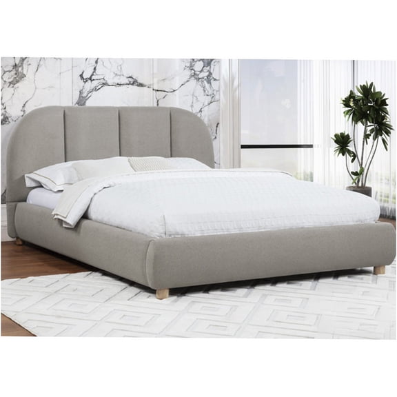 JERFIT Queen Upholstered Platform Bed Frame, Modern Burlap Fabric Headboard, Low Profile Light Tan Bed, No Box Spring Needed