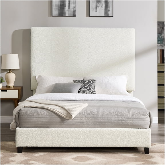 JERFIT Queen Upholstered Platform Bed Frame, Modern White Boucle Fabric, No Box Spring Needed with Slat Support System High Weight Capacity