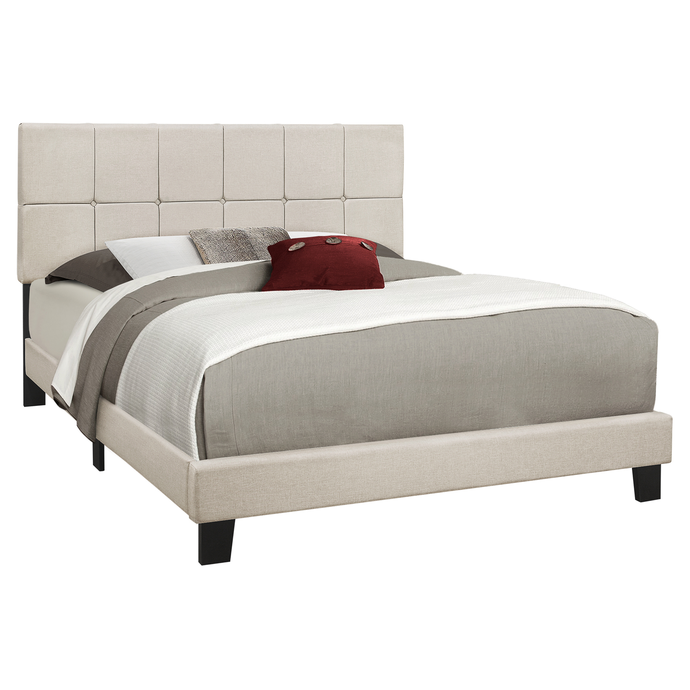 JERFIT Queen Upholstered Platform Bed Frame with Button Tufted Headboard, Beige Linen Fabric, Solid Wood Legs Support