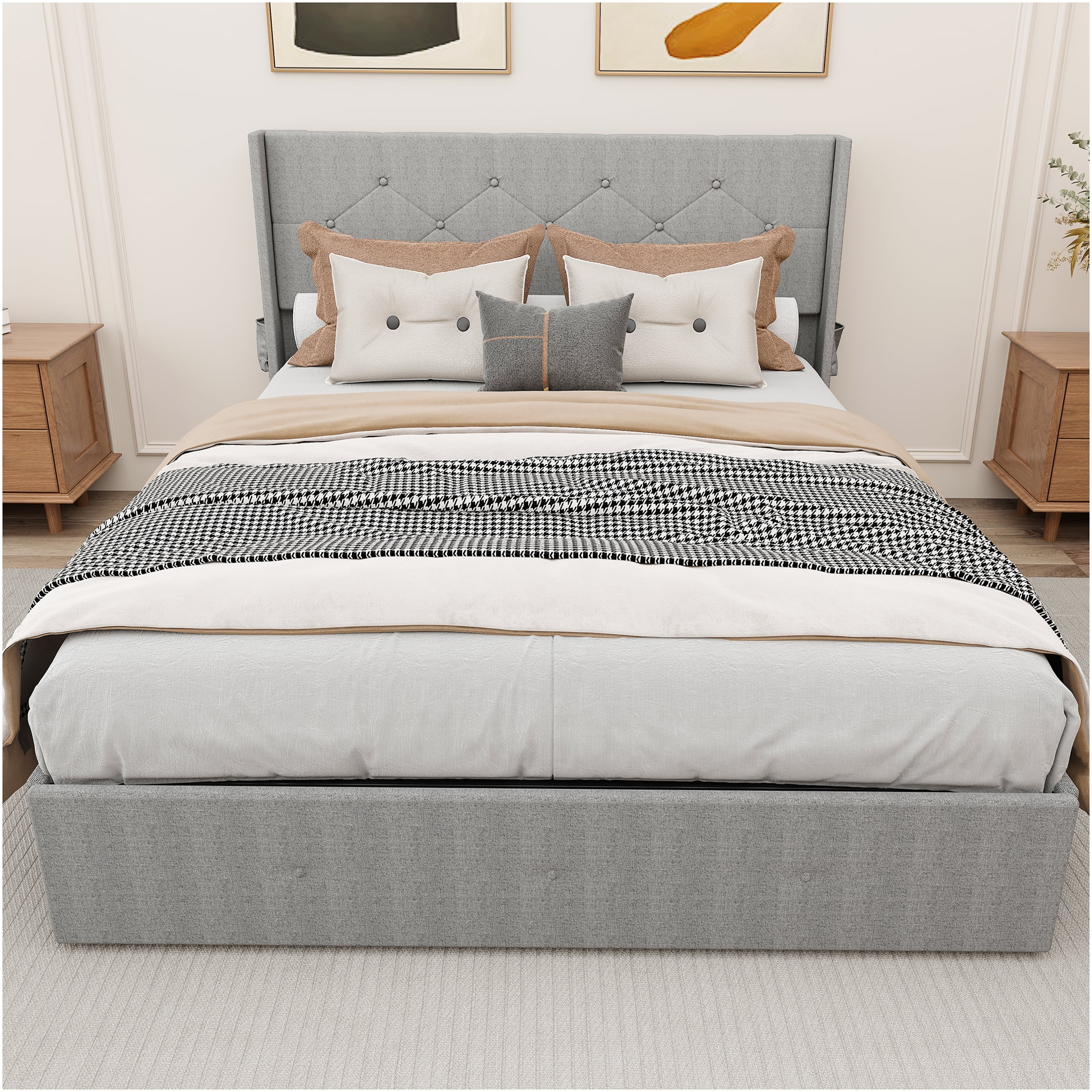 JERFIT Queen Upholstered Platform Bed Frame with Lift Up Storage, Wingback Headboard, USB Charging Ports, Light Gray