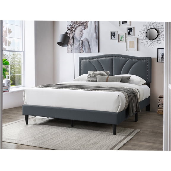 JERFIT Queen Upholstered Platform Bed Frame with Nailhead Trim, Modern Charcoal Burlap Fabric Headboard, No Box Spring Needed