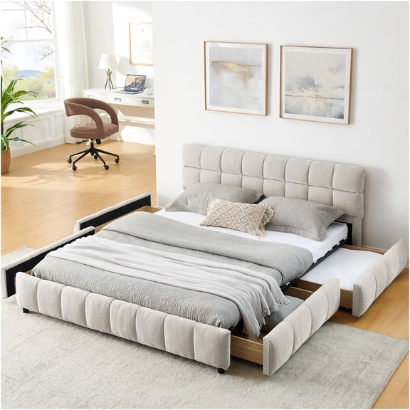 JERFIT Queen Upholstered Platform Bed Frame with Storage Drawers, Soft Chenille Fabric Headboard, Modern Bedroom Furniture, Beige