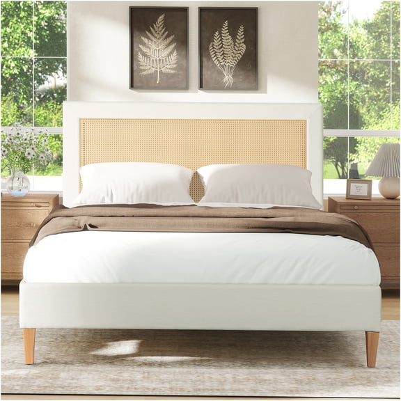 JERFIT Queen Upholstered Platform Bed with Cane Back, Antique White, No Box Spring Needed with Sturdy Wood Frame Breathable Design