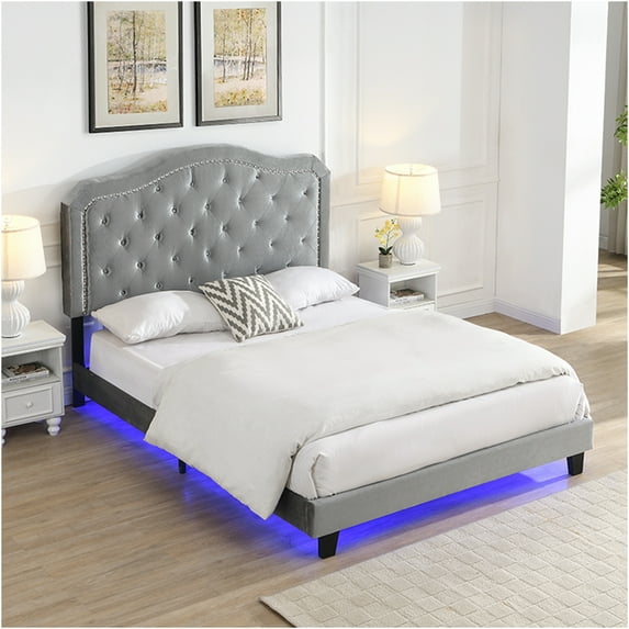 JERFIT Queen Upholstered Platform Bed with LED Lights, Button Tufted Velvet Headboard, Wood Slat Support, No Box Spring Needed, Light Gray