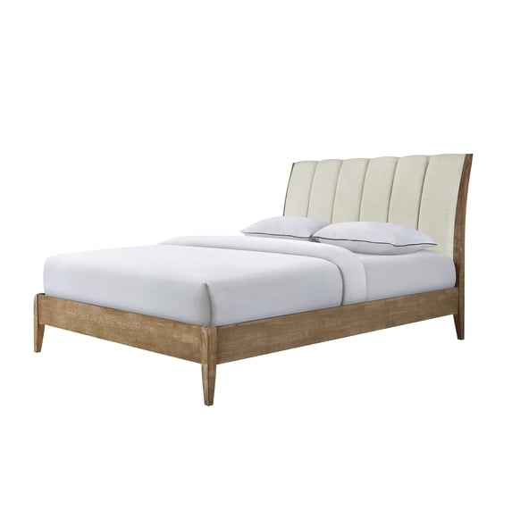 JERFIT Queen Upholstered Platform Bed with Plush Headboard, Modern Wood Frame, Beige Bedroom Furniture, No Box Spring Needed
