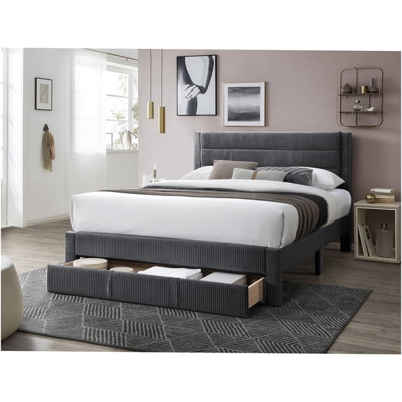 JERFIT Queen Upholstered Platform Bed with Storage Drawer, Modern Corduroy Headboard, Charcoal Gray, No Box Spring Needed