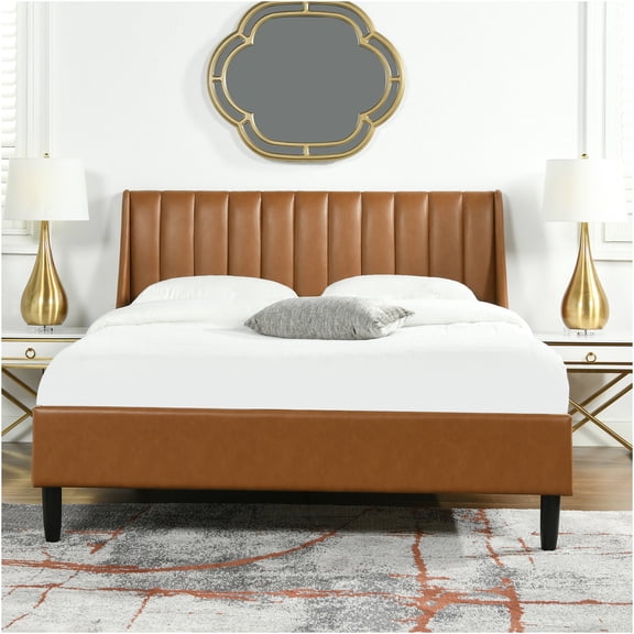 JERFIT Queen Upholstered Platform Bed with Vertical Channel Tufted Headboard, Sturdy Wood Frame No Box Spring Needed, Faux Leather in Tan Brown