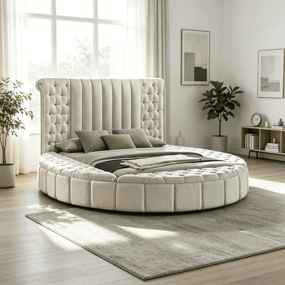 JERFIT Queen Upholstered Round Storage Bed with USB Ports, Ivory Boucle Fabric Tufted Headboard, Modern Platform Bed Frame, No Box Spring Needed