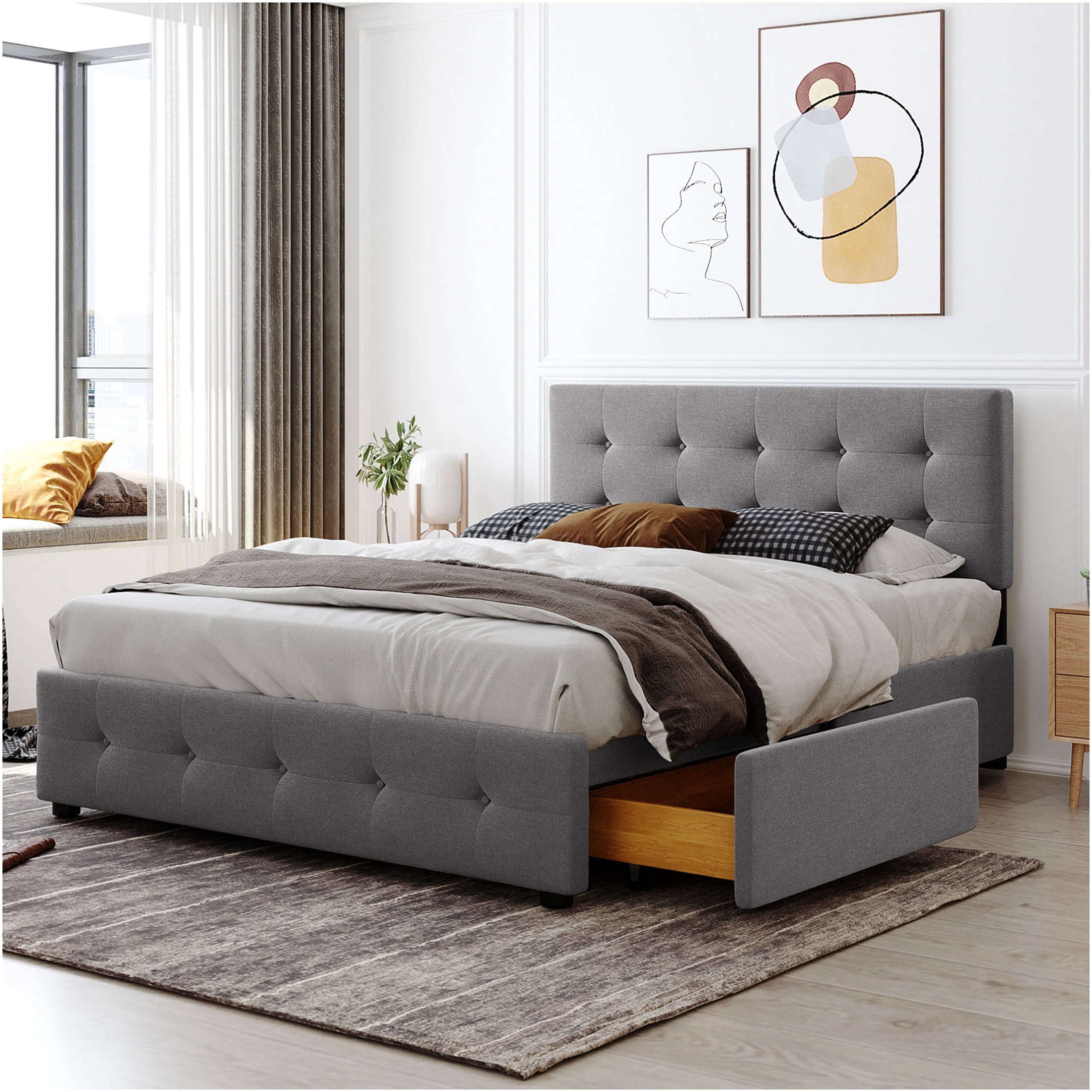 JERFIT Queen Upholstered Storage Bed Frame with Headboard, 4 Drawers, No Box Spring Needed, Light Gray Linen Fabric Platform Bed