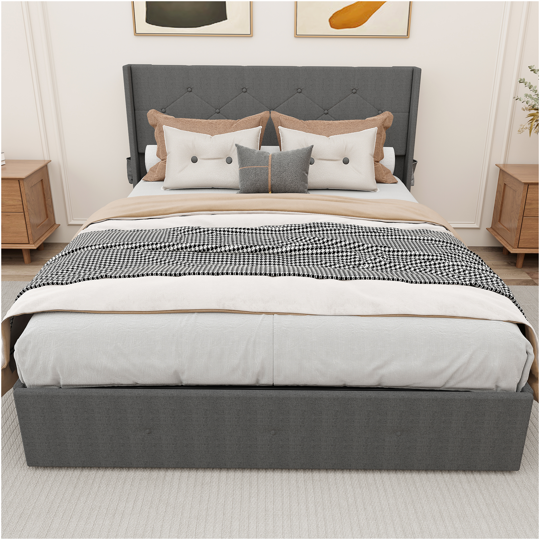 JERFIT Queen Upholstered Storage Bed Frame with Wingback Headboard, USB Charging Ports, Dark Gray