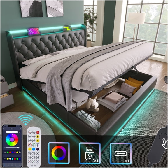 JERFIT Queen Upholstered Storage Bed with 360 LED Lights, Hydraulic Lift, USB-C Charging, Remote Control, Black PU (Mattress Not Included)