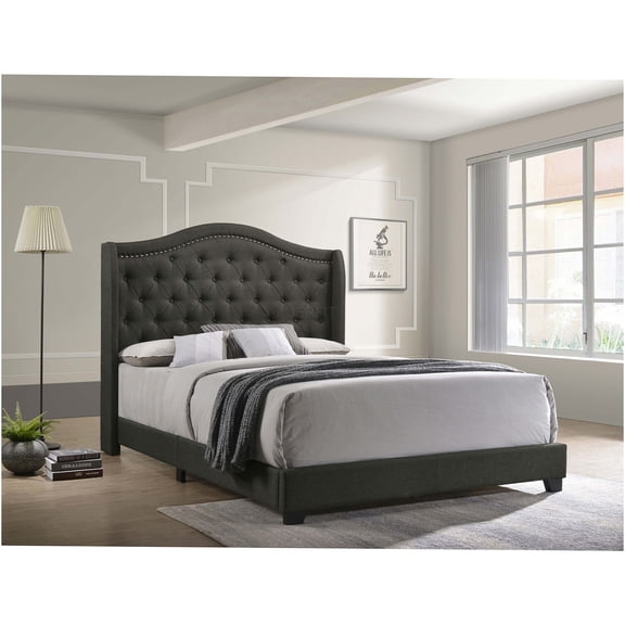 JERFIT Queen Upholstered Wingback Bed Frame, Grey Fabric, Modern LVL Wood Platform Bed with High Back, No Box Spring Needed