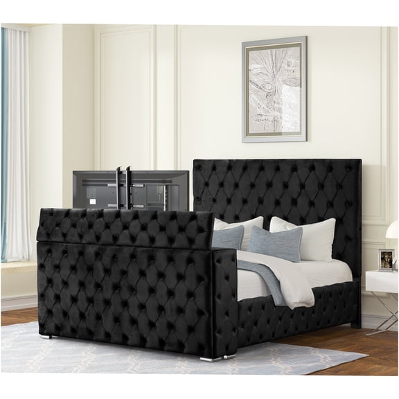 JERFIT Queen Velvet Bed Frame with Electric Fireplace & Hidden TV Compartment, Modern Upholstered Platform Bed, Black