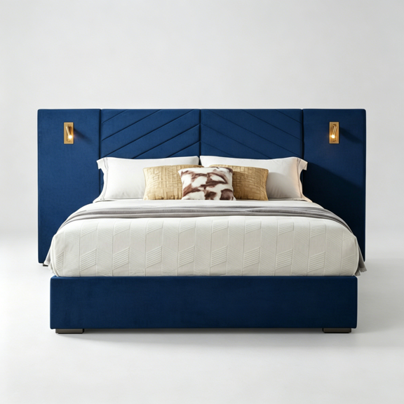 JERFIT Queen Velvet Upholstered Bed Frame with Channel Tufted Wingback Headboard, Modern Platform Bed, No Box Spring Required, Easy Assembly in Retro Blue