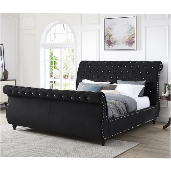JERFIT Queen Velvet Upholstered Bed Frame with Tufted Headboard, Sleigh Design, Crystal Buttons, and Nailhead Trim, Black