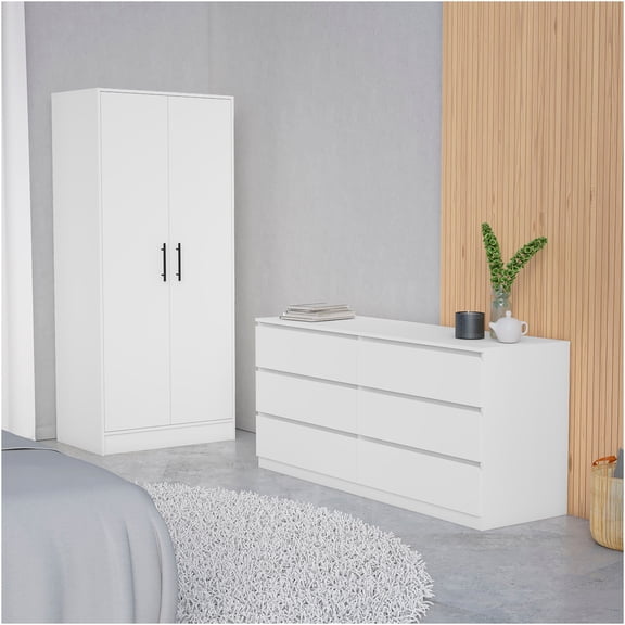 JERFIT Quincy 2-Piece White Bedroom Set with Armoire & 6-Drawer Dresser, Wood Furniture for Bedroom Storage