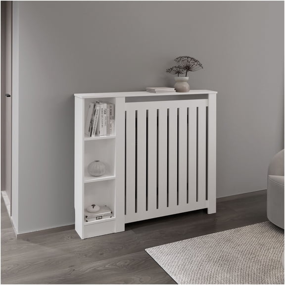 JERFIT Radiator Cover Cabinet with Ventilation Slats, 3 Shelves Storage, Freestanding Heater Guard Shelf, for Living Room, White