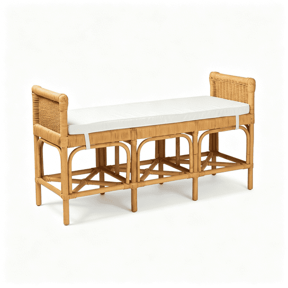 JERFIT Rattan Bench with Cushion, Modern Boho Entryway Bench, Brown and White Woven Rattan Storage Bench for Living Room, Bedroom, Entryway