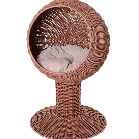 JERFIT Rattan Cat Bed Hanging Egg Chair Pod with Cushion, 360° Rotatable Elevated Cat House, Boho Pet Bed with Mat Grass for Indoor Cats, Brown