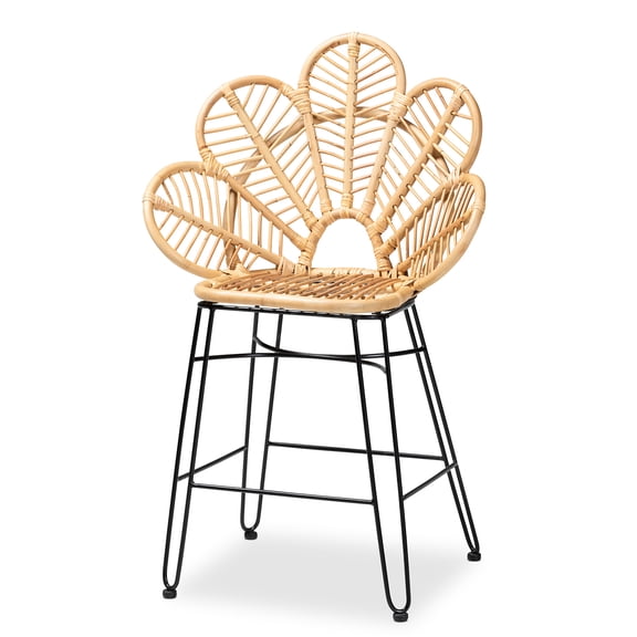 JERFIT Rattan Counter Stool with Backrest, Modern Boho Bar Stool for Kitchen Island, Natural Brown Woven Stool with Iron Frame and Footrest