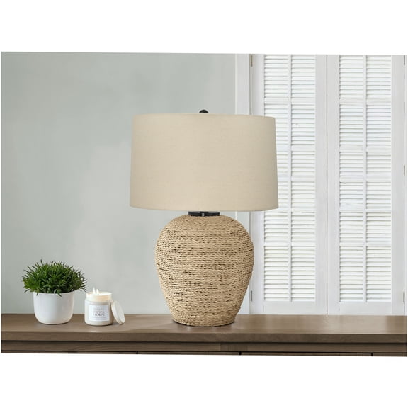 JERFIT Rattan Table Lamp with Linen Shade, 3-Way Switch Transitional Accent Lighting for Bedroom Living Room