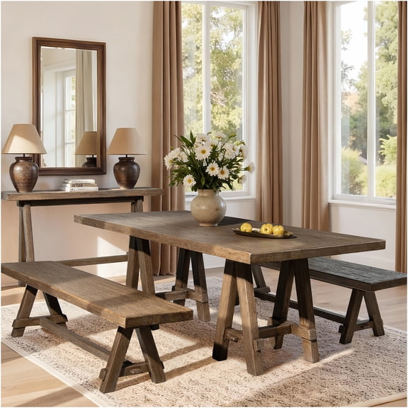 JERFIT Reclaimed Wood Dining Bench, 72-Inch Farmhouse Trestle Bench, Rustic Brown Entryway or Kitchen Bench