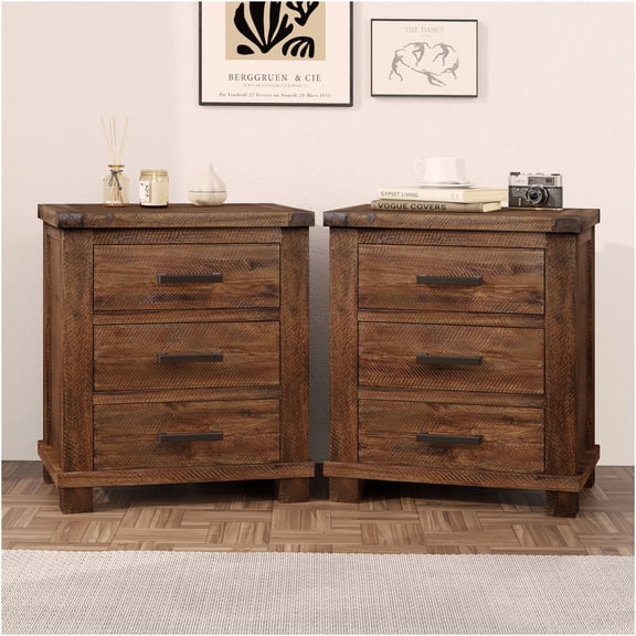 JERFIT Reclaimed Wood Nightstand Set of 2, 3-Drawer Farmhouse Bedside Table, Natural Pine Solid Wood, Rustic Bedroom Furniture