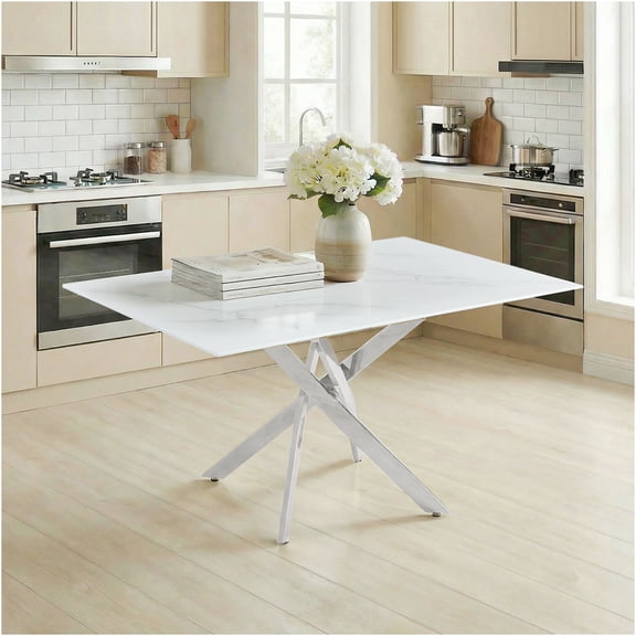 JERFIT Rectangular Tempered Glass Dining Table, Silver Metal Frame, Modern Kitchen Office Desk for Small Space, Living Room, Cafe