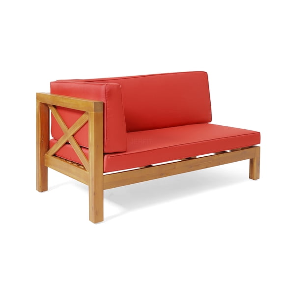 JERFIT Red Acacia Wood Left Corner Bench with Cross Back Design, Water Resistant Cushions, Outdoor Patio Garden Seating Furniture