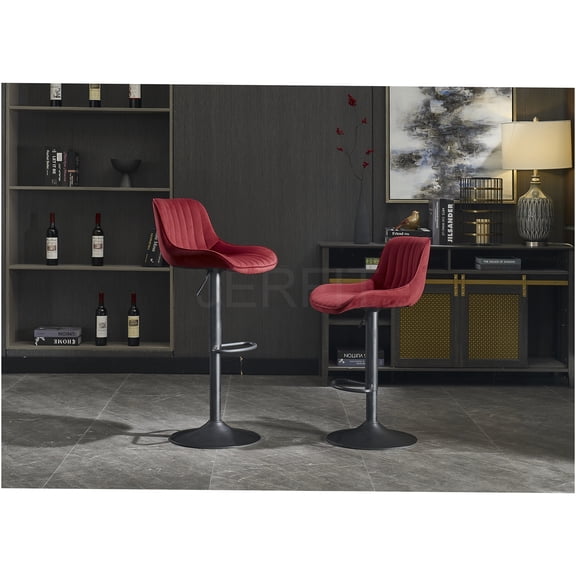 JERFIT Red Fabric Bar Stools Set of 2, Swivel Adjustable Height Stool with Padded Seat and Footrest for Kitchen Island, Bar Counter, Home Decor