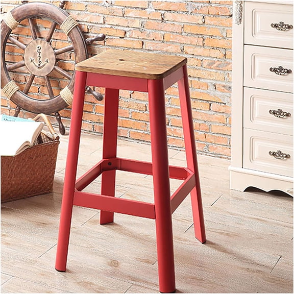 JERFIT Red Farmhouse Bar Stool, Backless Wood Counter Stool with Metal Crossbar Legs for Kitchen Island, Breakfast Nook or Dining