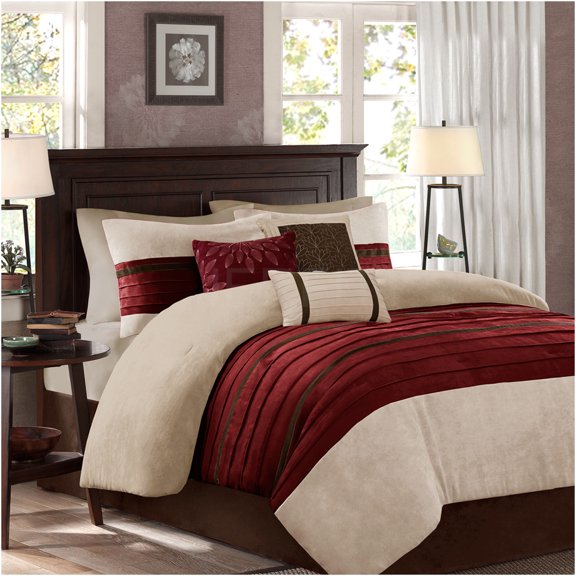 JERFIT Red King Microsuede Comforter Set 7-Piece Bedding Ensemble with Decorative Pillows & Bed Skirt