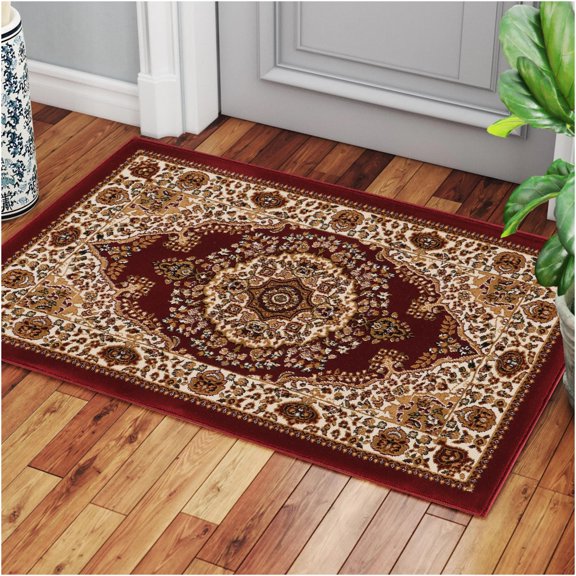 JERFIT Red Traditional Medallion Area Rug 2x3 Feet, Non-Slip Stain Resistant Indoor Rug for Living Room Bedroom Entryway